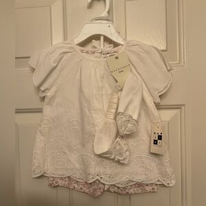 Max Studio Baby Girl White Top with eyelet embroidery and floral short set